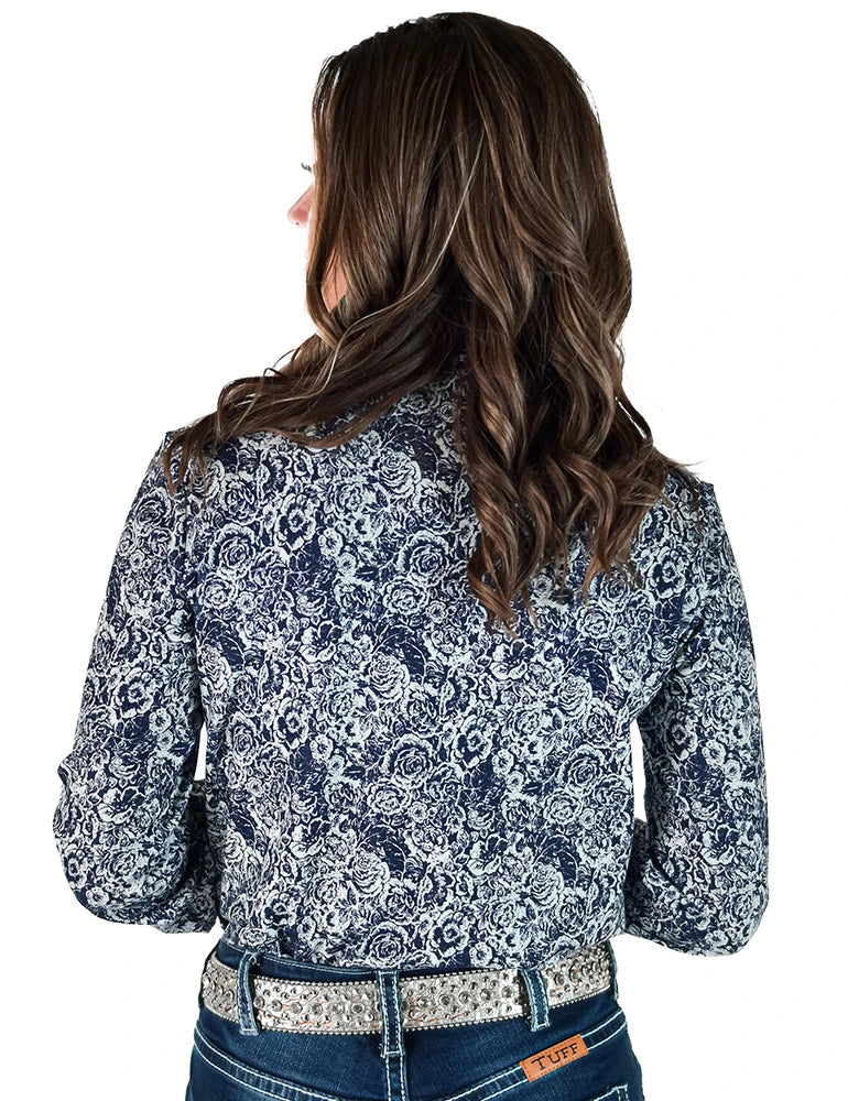 Cowgirl Tuff Navy and White Floral Pullover Button Up Midweight and Medium Stretch | Country Clothing - Ladies Shirt | Saddleworld Ipswich