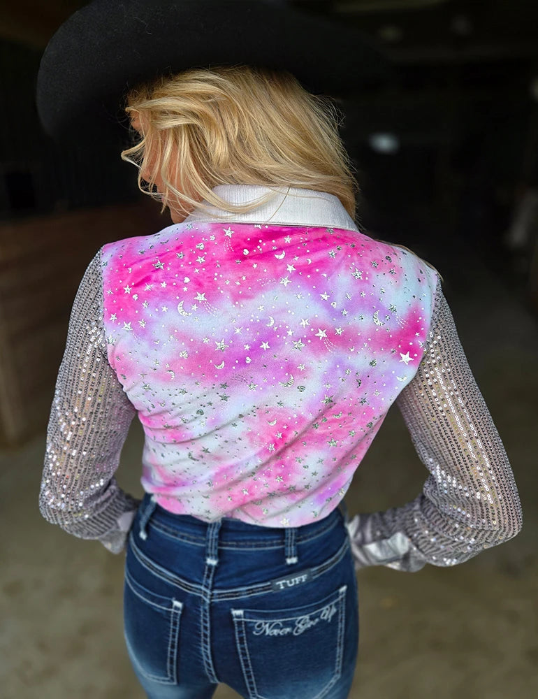 Cowgirl Tuff Pink and Purple Tie Dye Velor with Silver Stars Sparkles and Silver Sequin Sheer | Country Clothing - Ladies Shirt | Saddleworld Ipswich