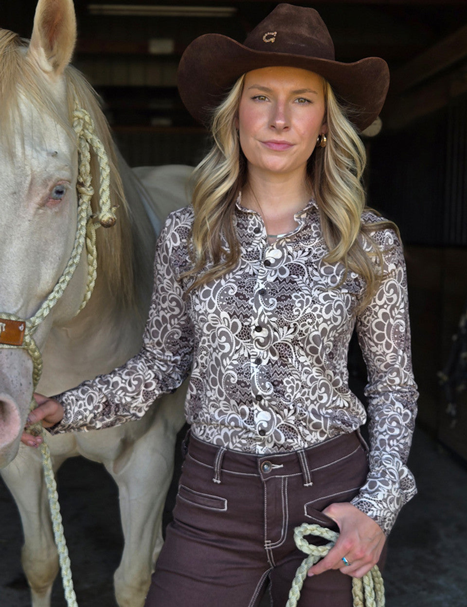 Cowgirl Tuff Pullover Button Up Brown and Cream