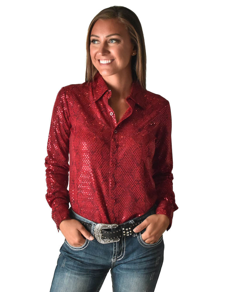 Cowgirl Tuff Red Metallic Snakeskin Bling Pullover Button Up