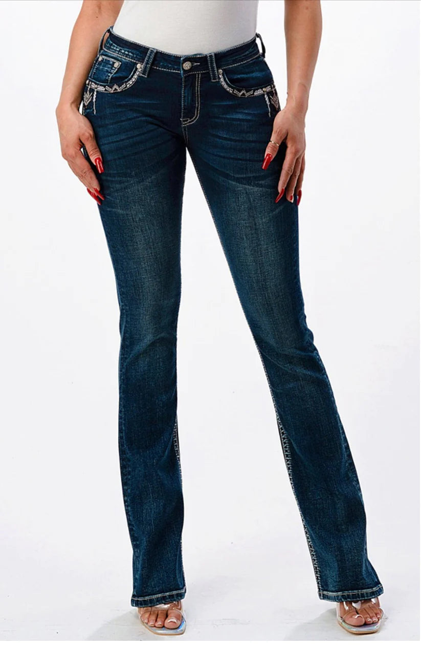 Grace in LA Wmns Easy Fit Embroidered Aztec Pocket Bootcut Jeans