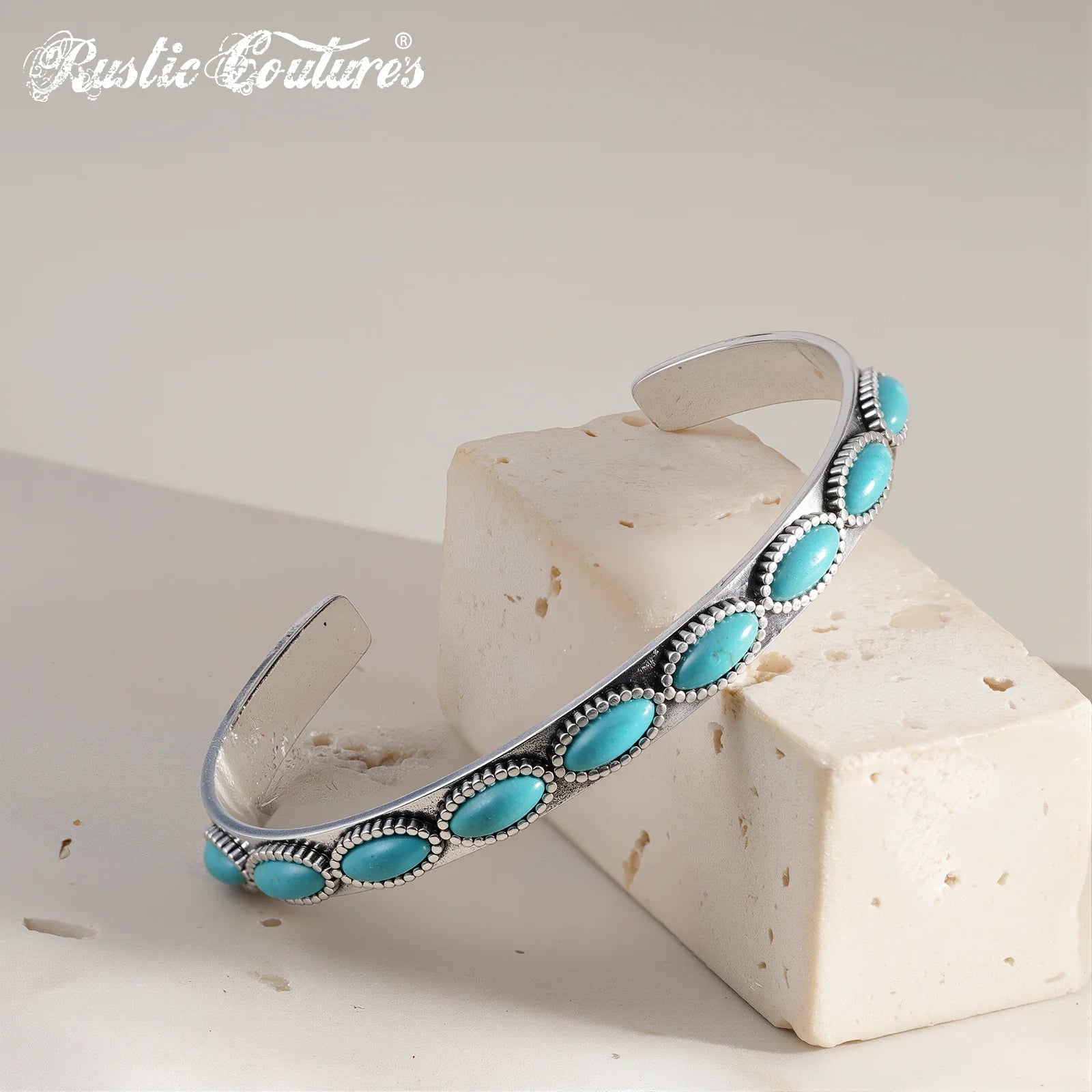 Rustic Couture Antique Silver Turquoise Stone Small Cuff Bracelet