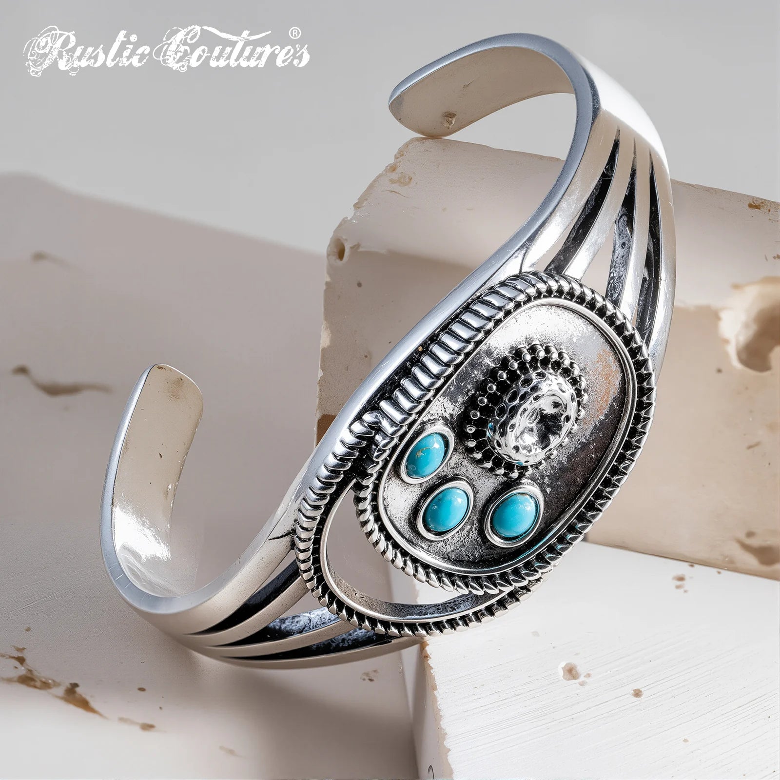 Rustic Couture Antique Silver Turquoise Stone Small Cuff Bracelet