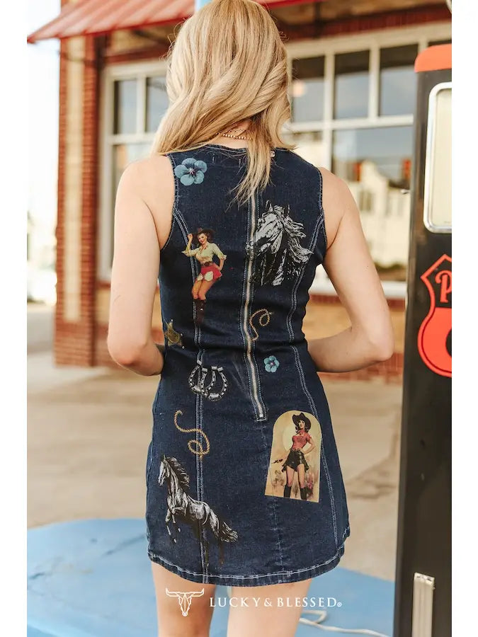 Dark Wash Stretch Denim Sleeveless Printed Western Dress | Country Clothing - Ladies Dresses | Saddleworld Ipswich
