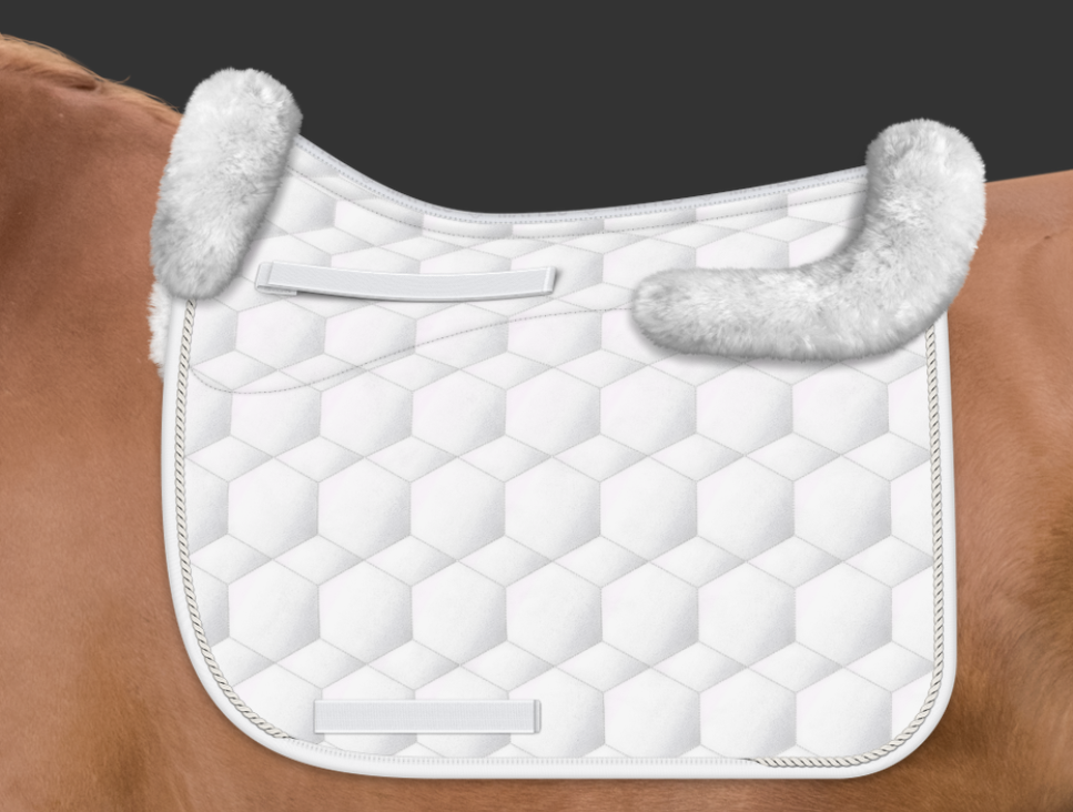 E.A. Mattes Square Dressage Fleece Sheen| White with Perle Trim | Horse Supplies - Saddle Cloths and E.A. Mattes Eurofit Dressage Fleece Quiltar Bonnetts