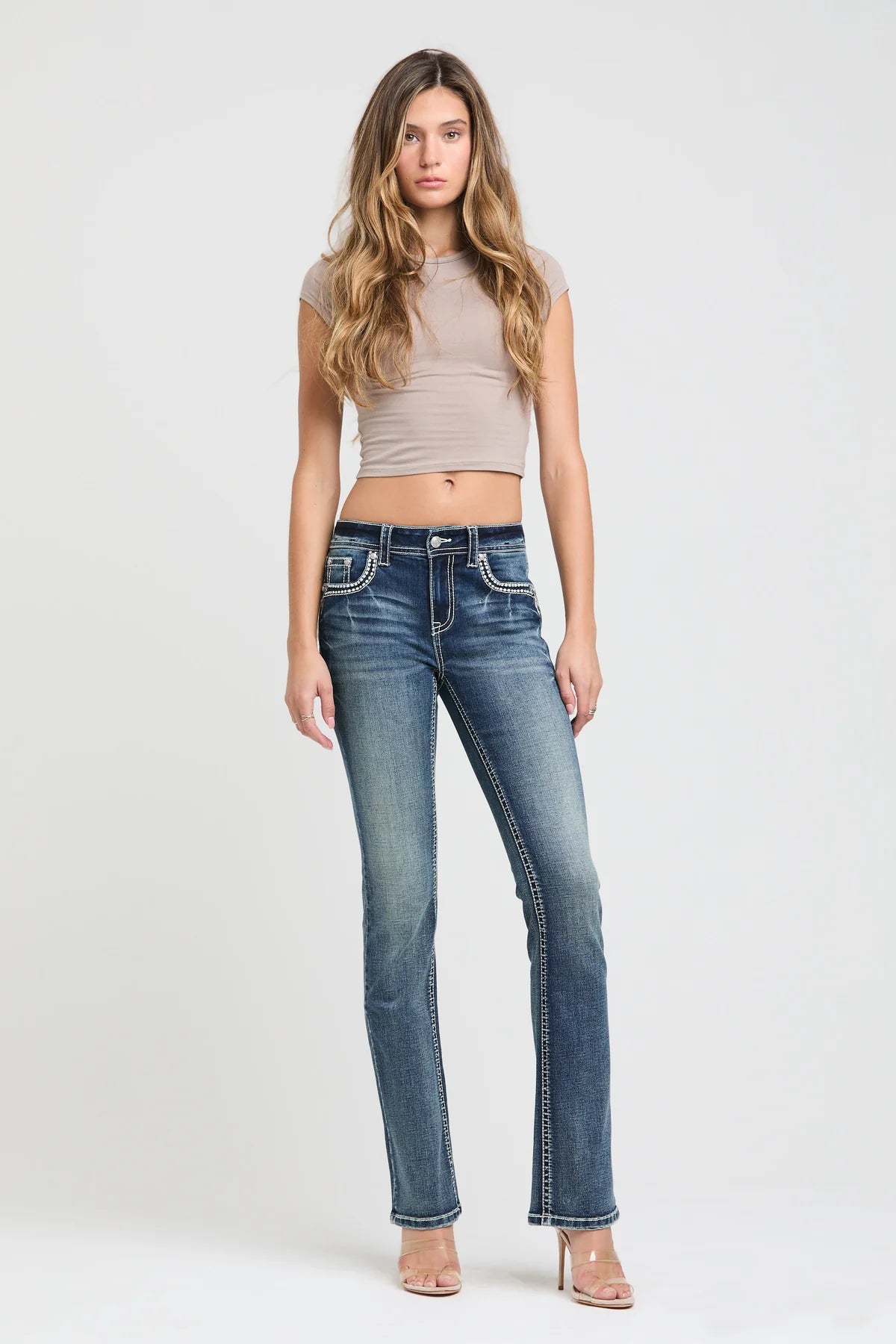 Grace in LA Feather Necklace Embroidery Bootcut Jeans