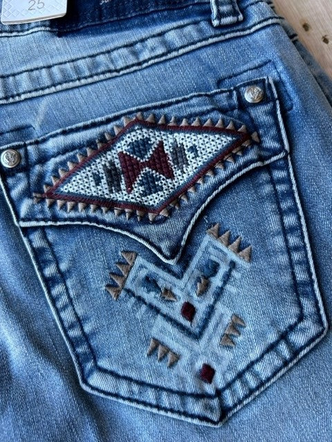 Grace in LA Aztec Detail Faux Flap Mid Rise Bootcut Jeans