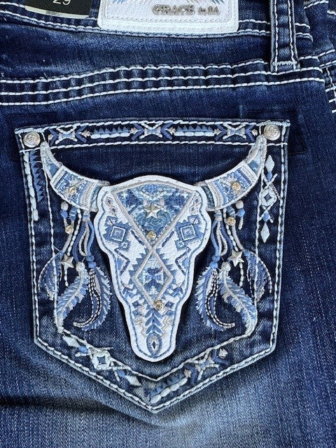 Grace in LA Steer Head Embellishment Mid Rise Boot Cut Jeans