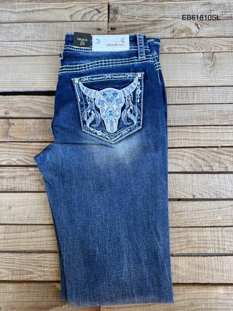 Grace in LA Steer Head Embellishment Mid Rise Boot Cut Jeans