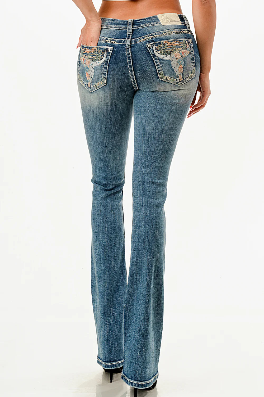 Grace in LA Ladies Steer Head Embroidery Mid Wise Bootcut Jeans
