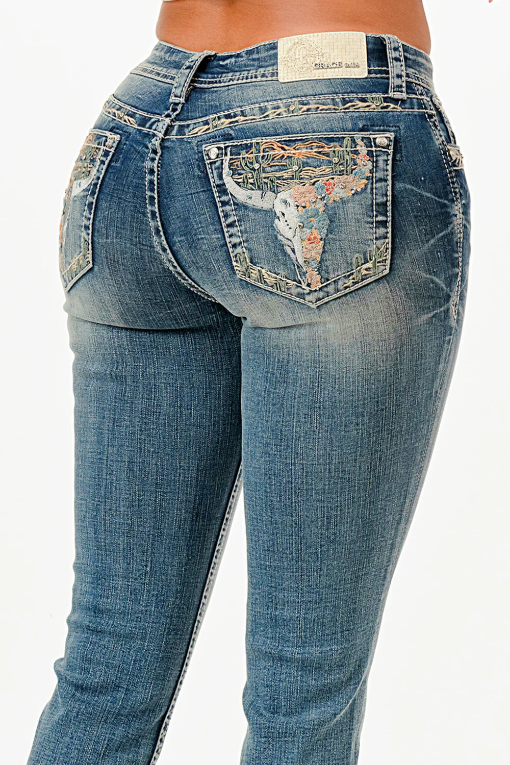 Grace in LA Ladies Steer Head Embroidery Mid Wise Bootcut Jeans