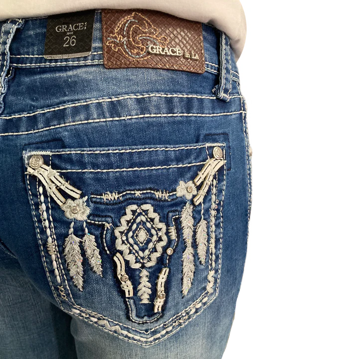 Grace in LA Harlequin Sequin Feathered Longhorn Mid Rise Bootcut Jeans