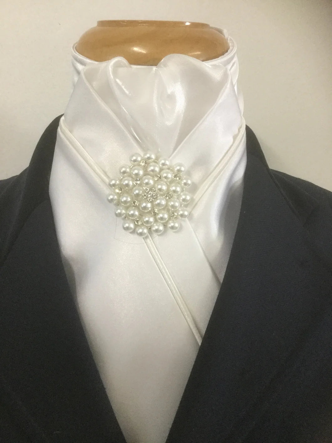 Heavenly Horse Design Custom White and Ivory Satin Stock Tie with a Stunning Pearl Rhinestone Pin