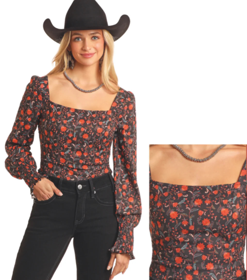 Rock and Roll Denim Wmns Floral Print Corset Blouse - Black Friday Sale