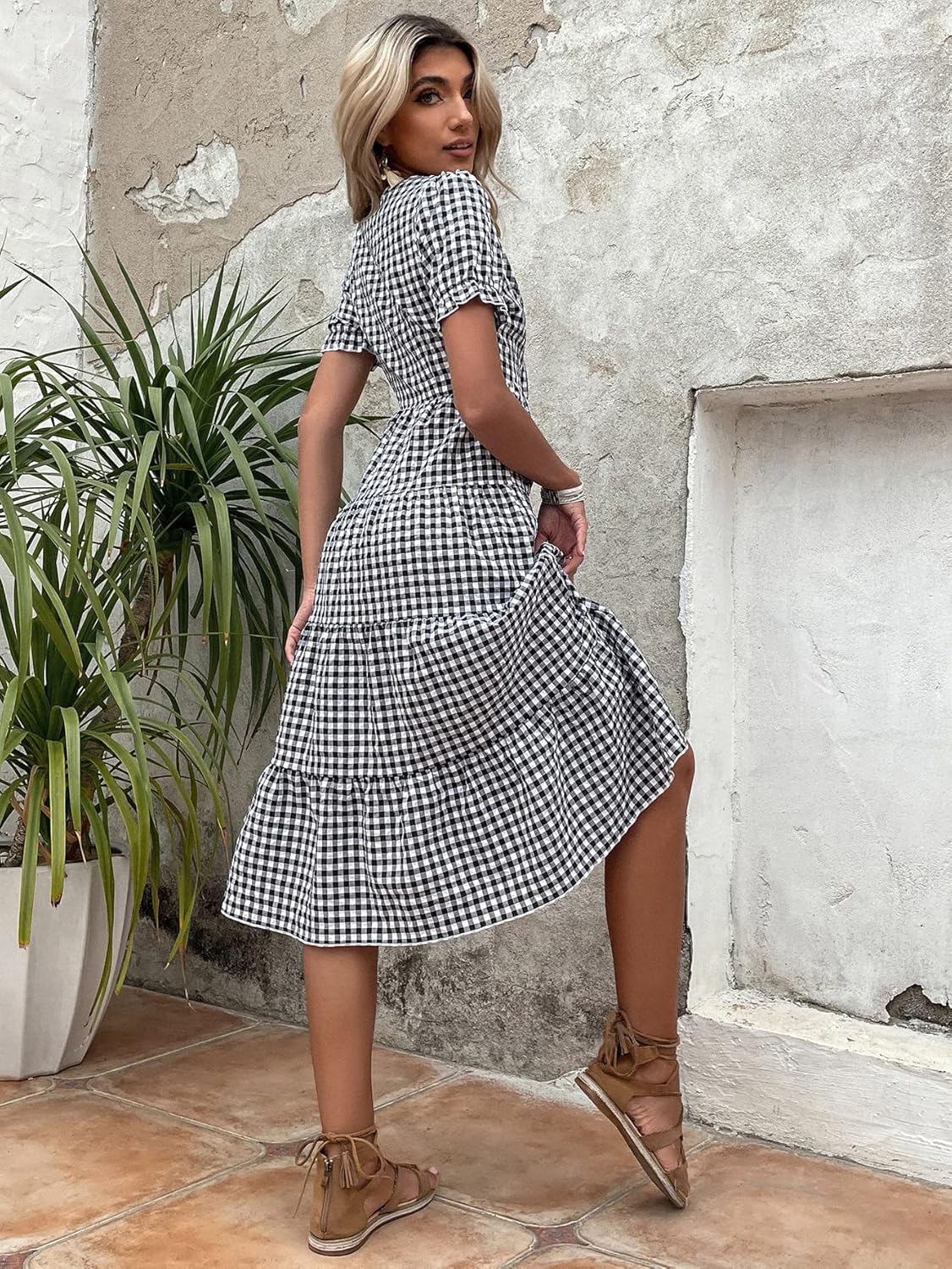 Gingham Puff Sleeve Ruffle Hem Smock Dress Black