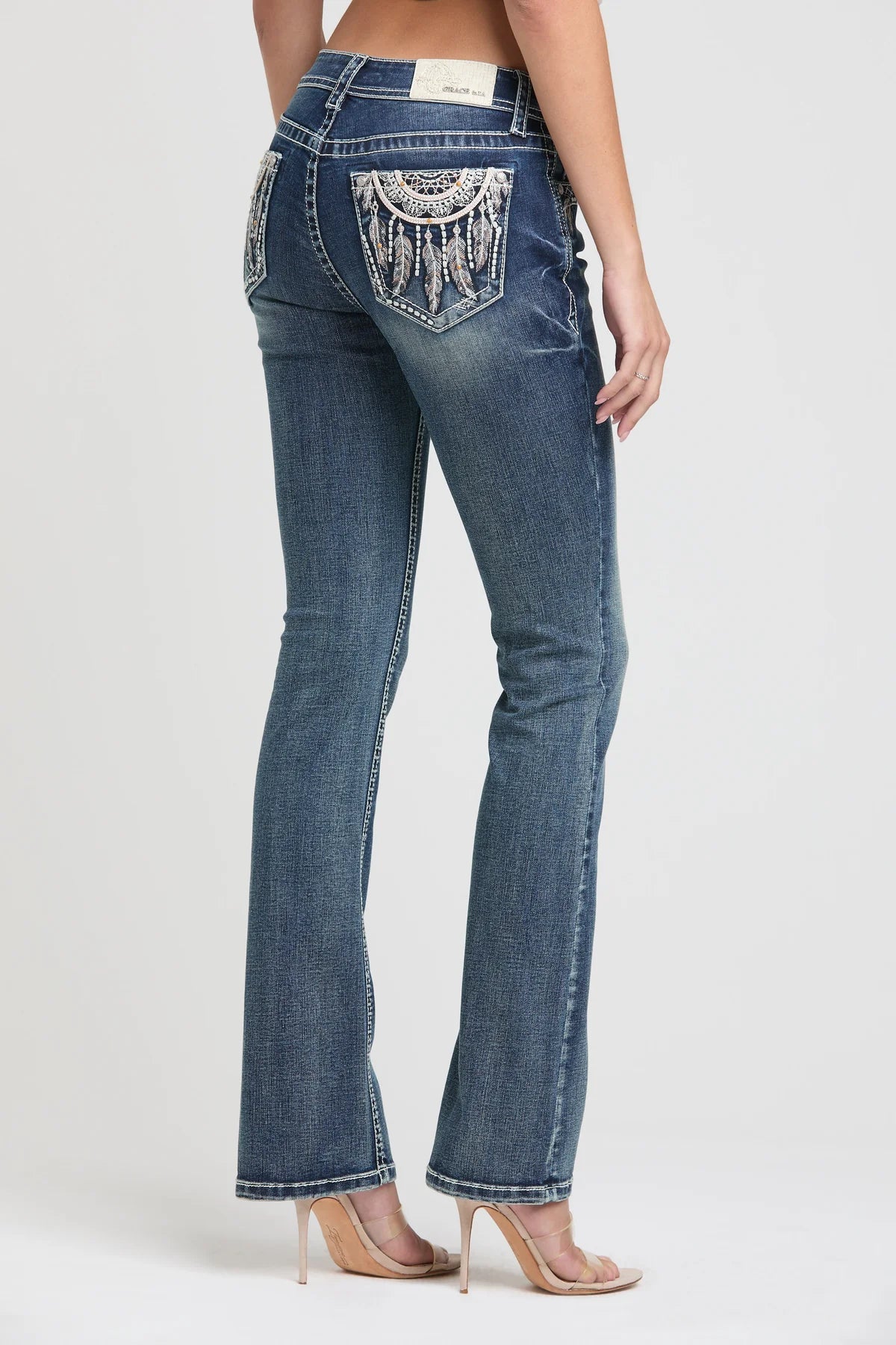 Grace in LA Feather Necklace Embroidery Bootcut Jeans | COuntry Clothing - Ladies JEans | Saddleworld Ipswich