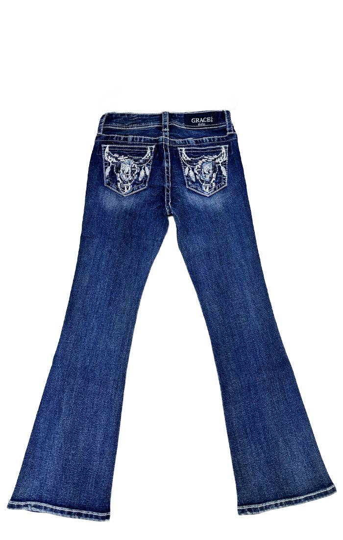 Grace in LA Med Wash Mid Rise Embroidered Bootcut Stretch Denim Jeans