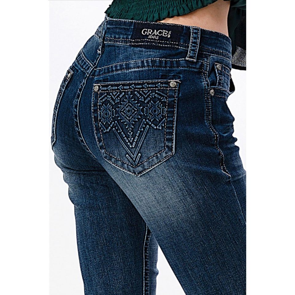 Grace in LA Plus Medium Wash 3D Aztec | Country Clothing - Ladies Jeans | Saddleworld Ipswich
