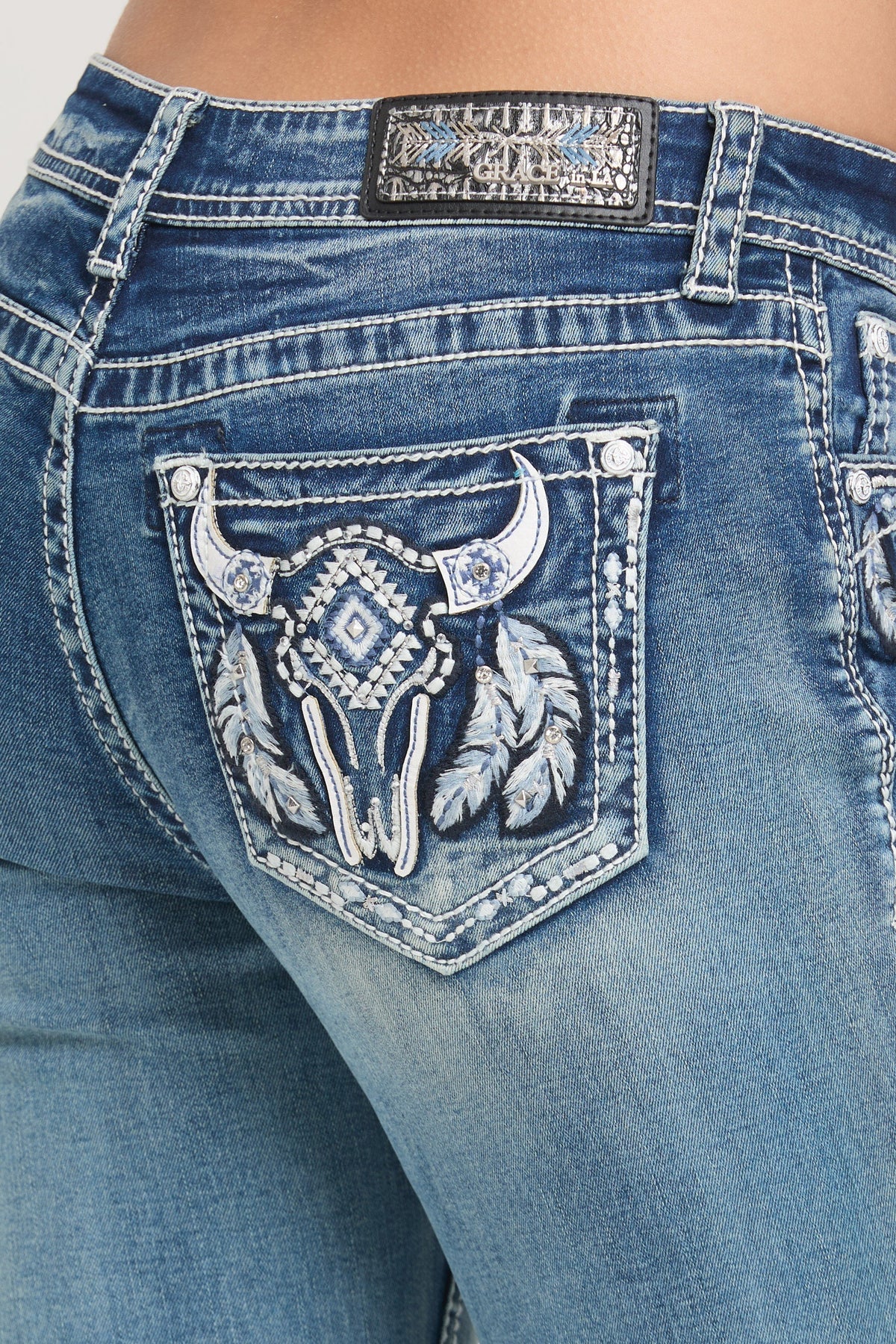 Grace in LA Steer Head Embroidered Jeans