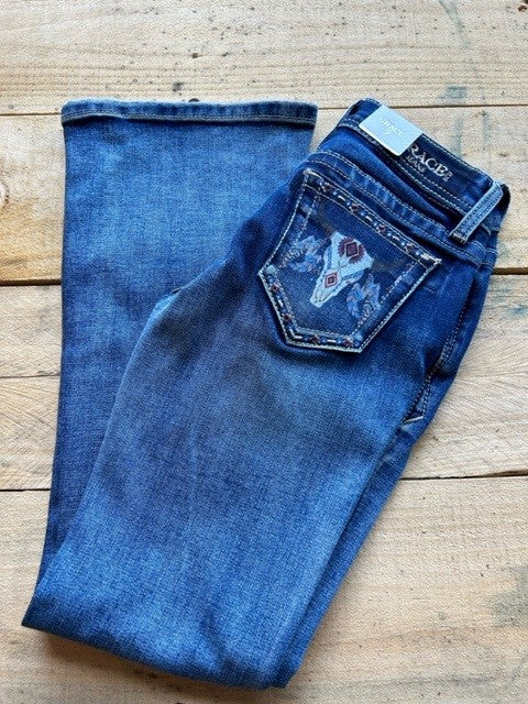Grace in LA Wmns Steerhead Print Pocket with Embroidery Border Boot Cut Jeans - EOFY Sale
