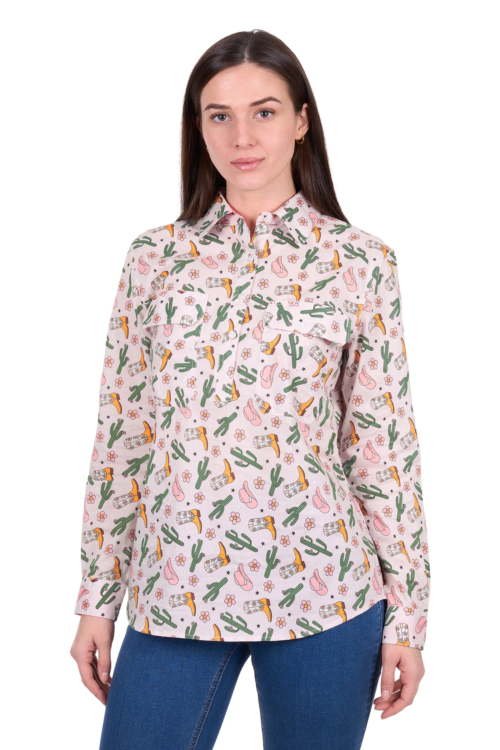Hard Slog Wmns Cleo Half Button Long Sleeve Shirt