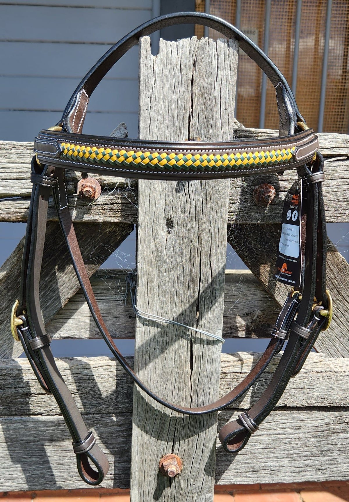 Toprail Leather Bridle with Green/Yellow Thin Plait Brownband