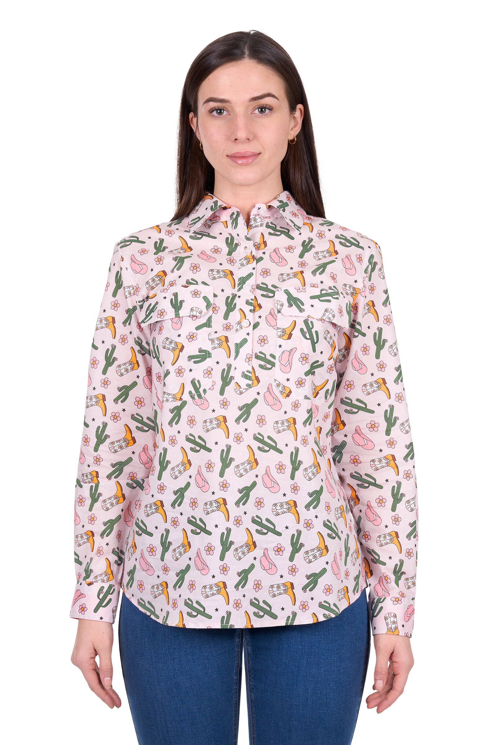 Hard Slog Wmns Cleo Half Button Long Sleeve Shirt