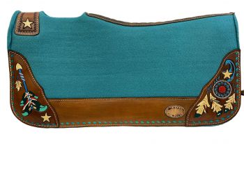Klassy Cowgirl 28in x 30in Barrel Style 1in Teal Felt Pad with Painted Feather Accent and Teal Leather Lacing