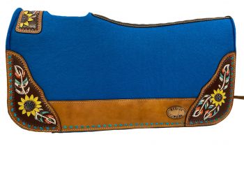 Klassy Cowgirl 28in x 30in Barrel Style 1in Blue Felt Pad with Painted Feather and Sunflower Accent and Blue Leather Lacing