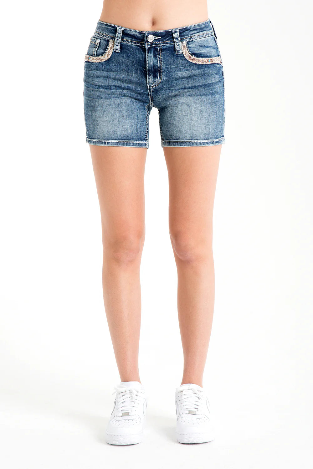 Grace in LA Buckle Aztec Details Mid Rise Denim Shorts - Black Friday Sale