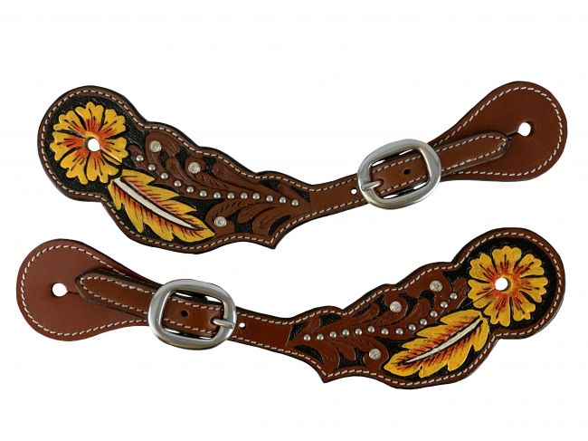 Showman Ladies Spur Straps with Painted Feather/Flower Design - Black Friday Sales