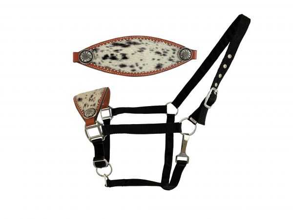 Showman Nylon Bronc Halter with Hair on Cowhide and Copper Flower Concho