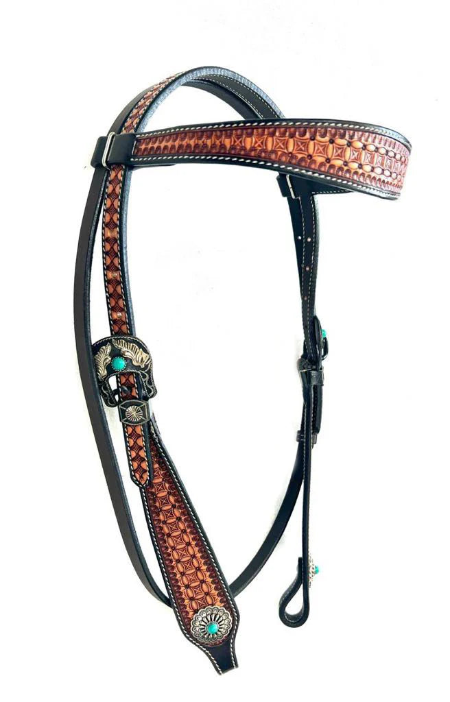 Smooth Like Cactus - The Virginian Leather Basket Tooled Bridle with Turquoise Hardware