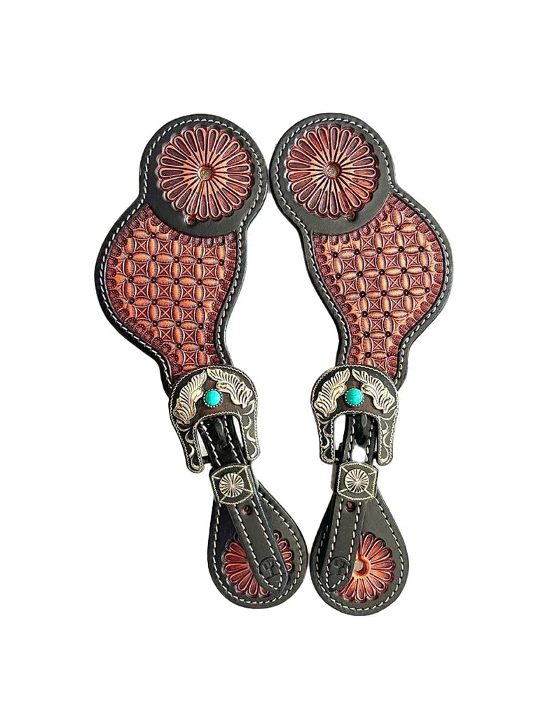 Smooth Like Cactus - Virginian Basket Tooled Spur Straps with Turquoise Buckles
