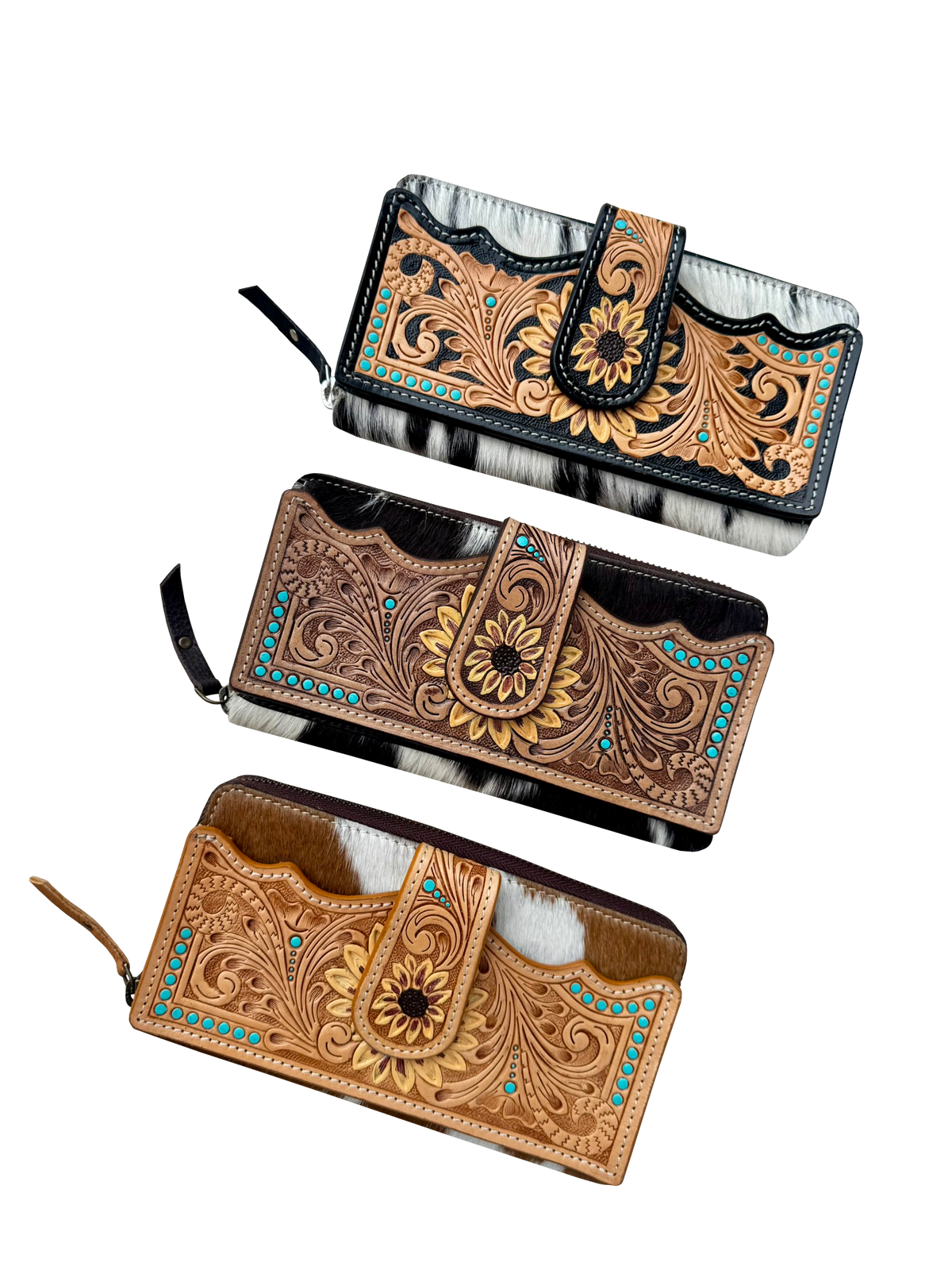 The Design Edge Cowhide Sunflower Tooling Leather Zippered Wallet