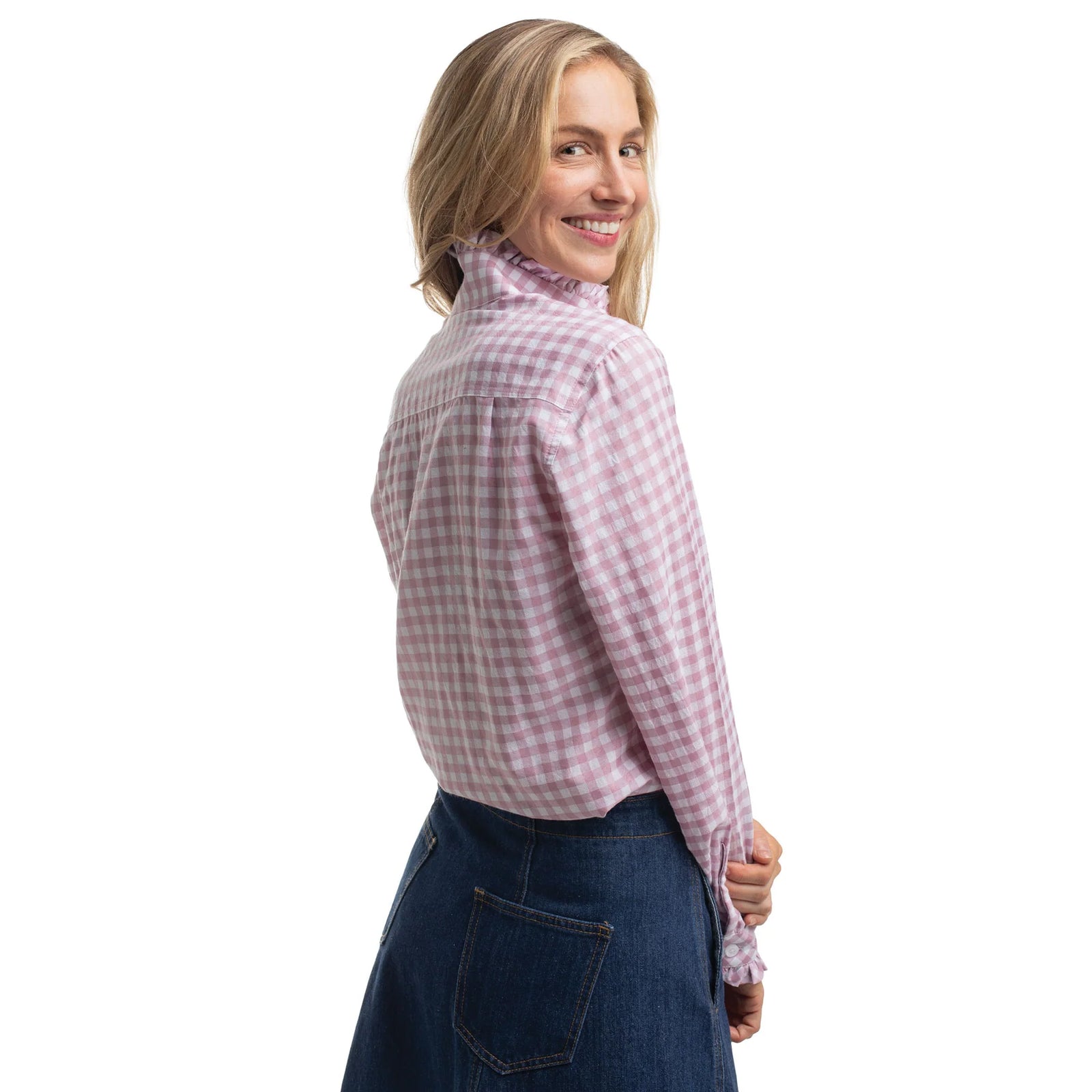Just Country Wmns Abbey Frills Full Button Print Workshirt Berry and White Check