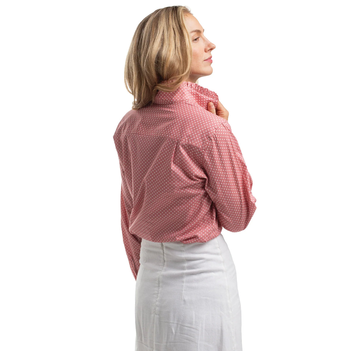 Just Country Wmns Abbey Frills Full Button Print Workshirt Rosewater and White Mini Sports | Country Clothing - ladies shirts | saddleworld Ipswich
