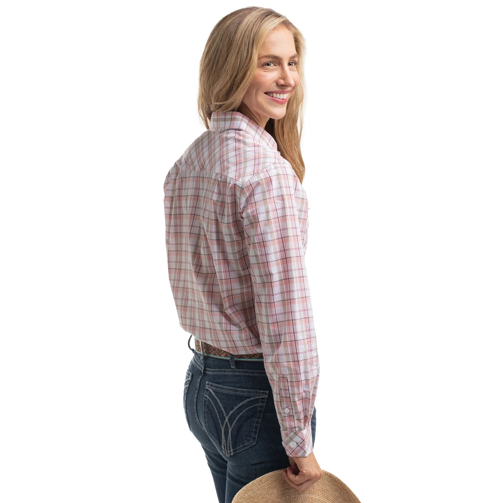 Just Country Wmns Abbey Georgie Half Button Print Workshirt White Tan and Baby Pink Plaid