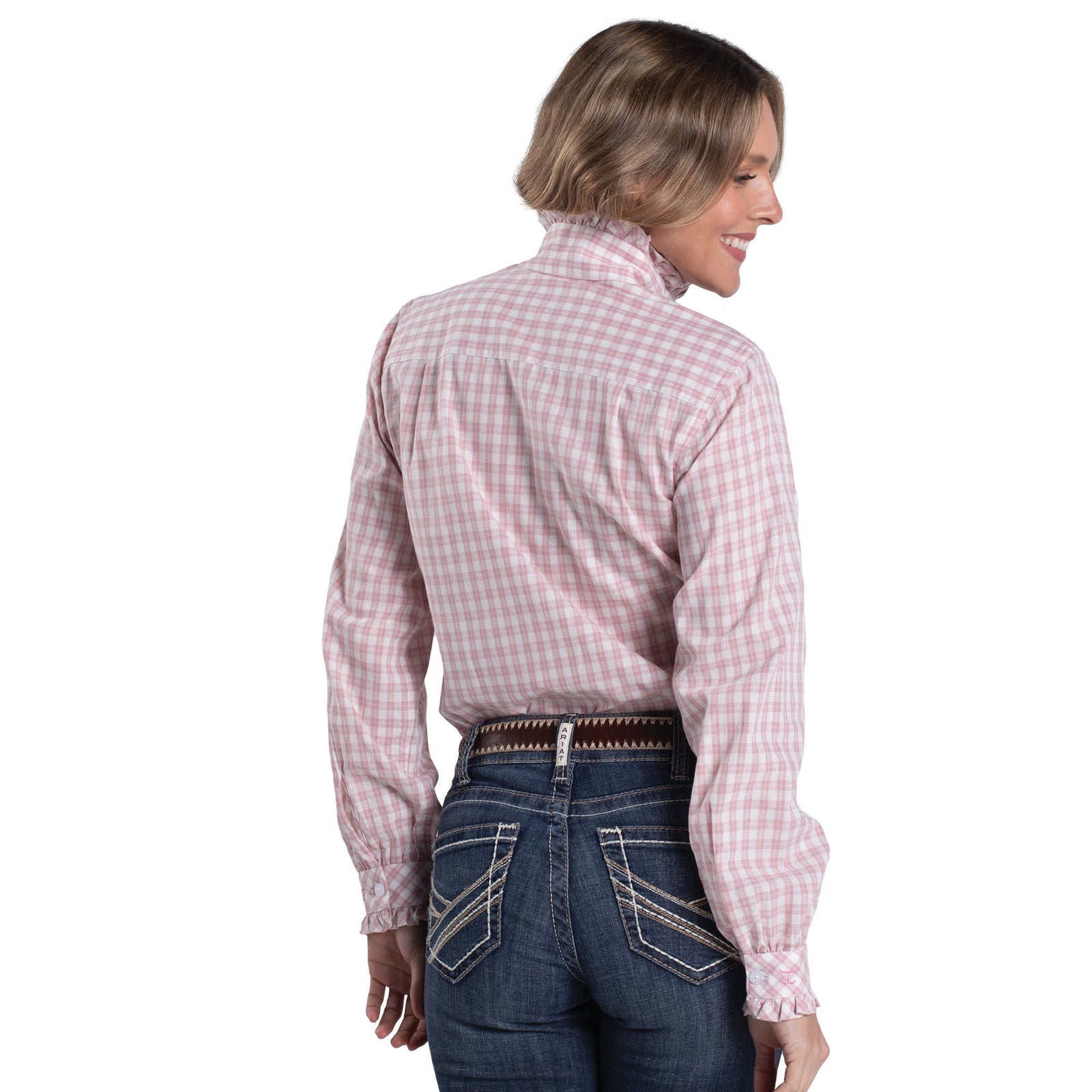 Just Country Wms Abbey Frills Full Button Print Workshirt Heather Rose and White Check