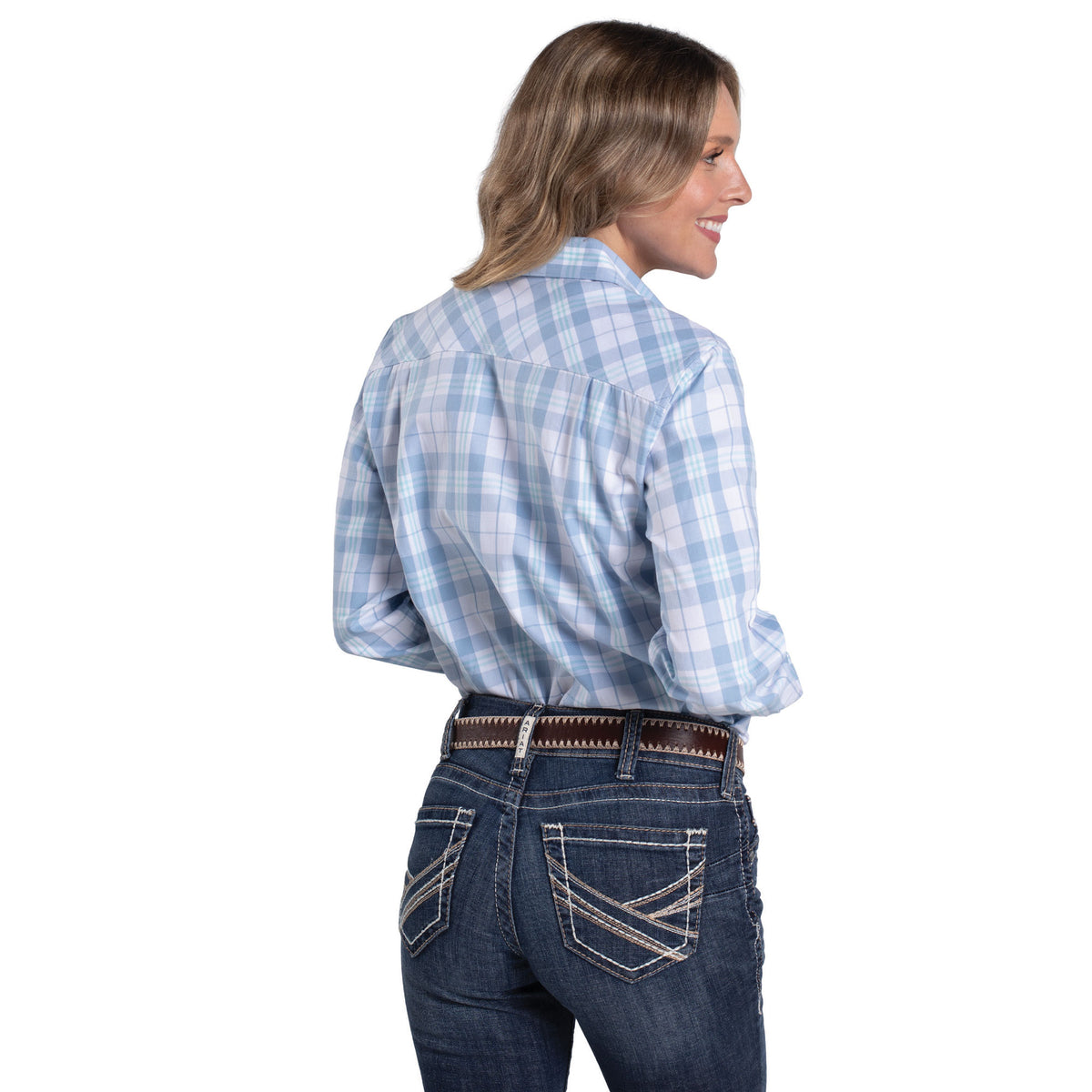 Just Country Wms Abbey Full Button Print Workshirt Bluebell and White Plaid | Country Clothing - Ladies Shirt | Saddleworld Ipswich