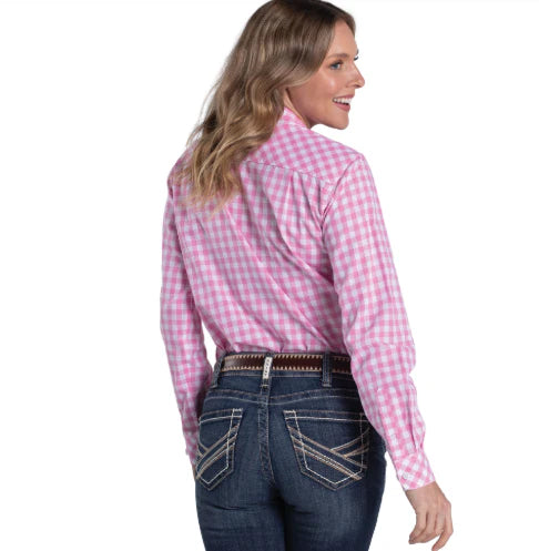 Just Country Wms Abbey Full Button Print Workshirt Pink Lemonade and White Check