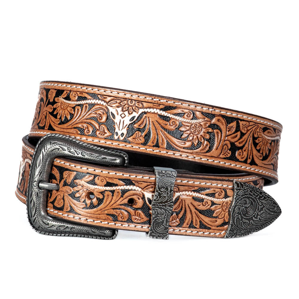Tooled White Longhorn Leather Belt