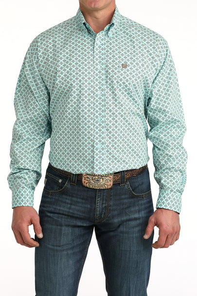 Cinch Mens Light Blue Geometric Print Shirt