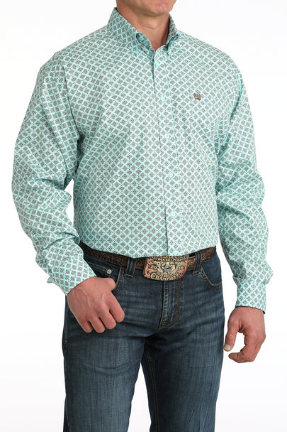 Cinch Mens Light Blue Geometric Print Shirt