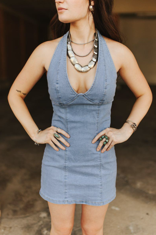 Lucky and Blessed Mid Stone Wash Stretch Denim Halter Dress