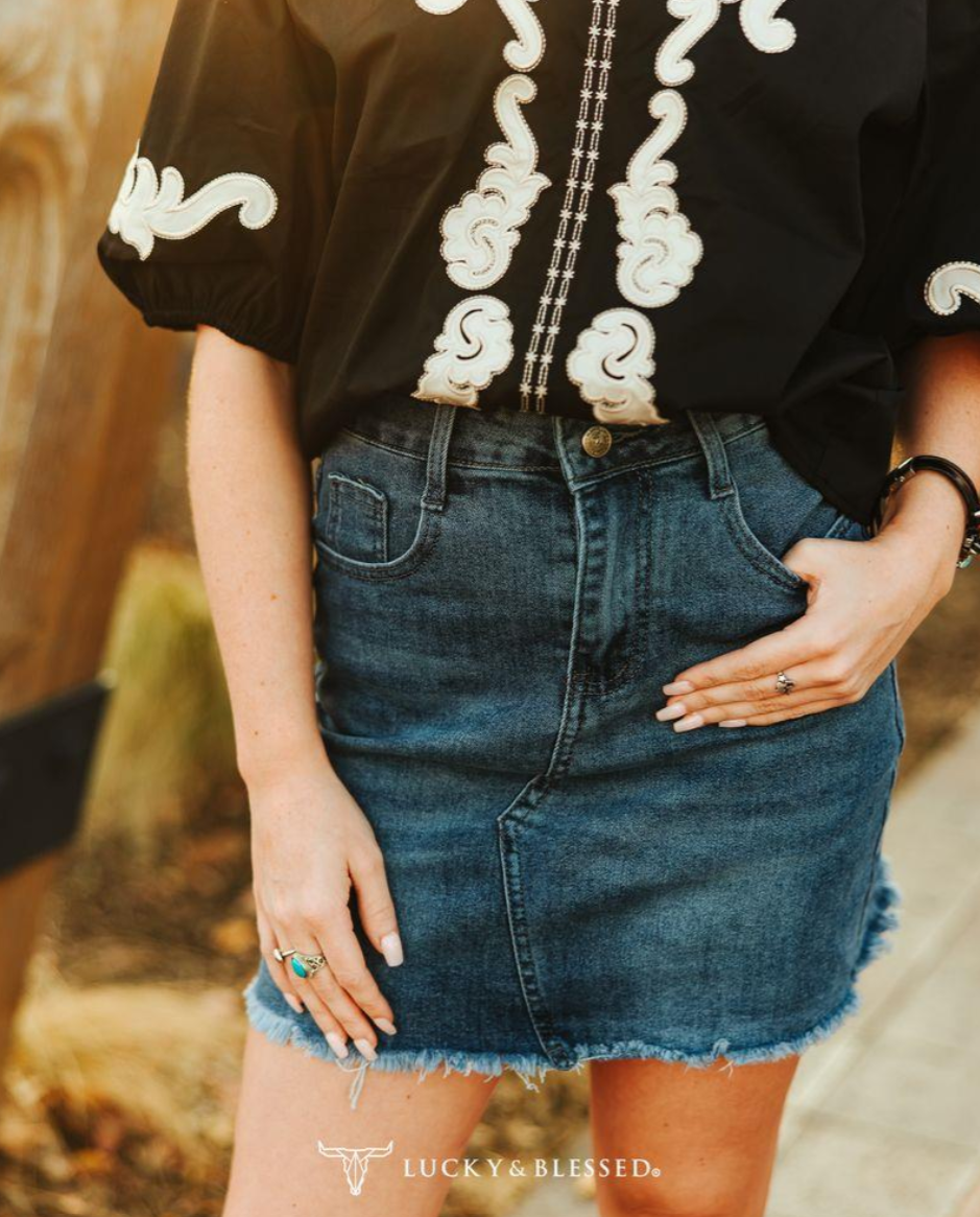 Lucky and Blessed Classic Western Unfinished Hem Mid Wash Skirt