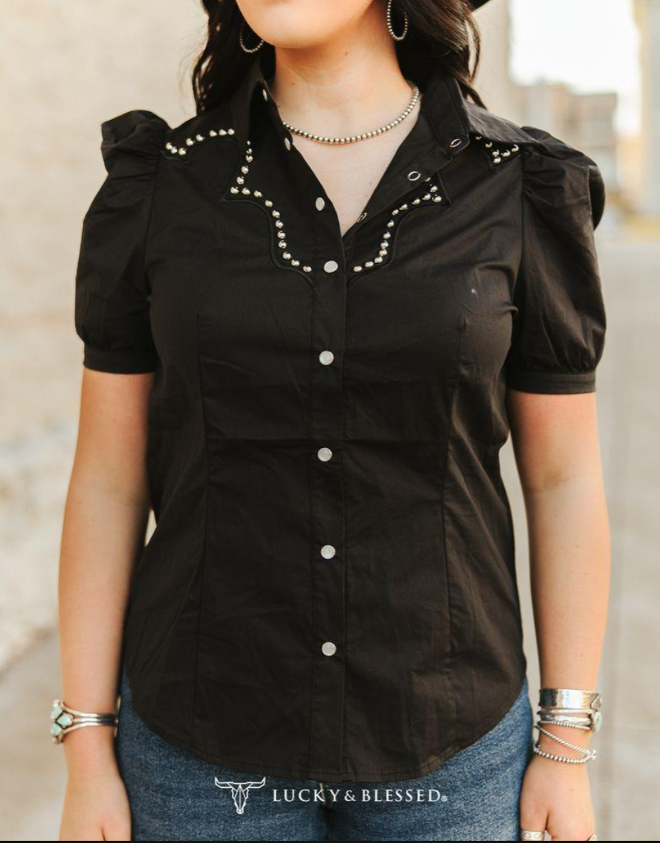 Lucky and Blessed Black Short Puff Sleeve Western Studded Yoke Shirt