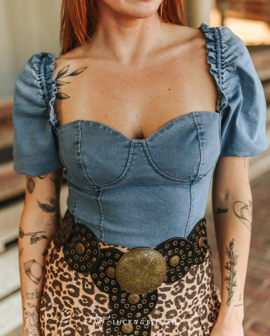 Lucky and Blessed Light Wash Denim Stretch Puff Sleeve Corset Bodysuit
