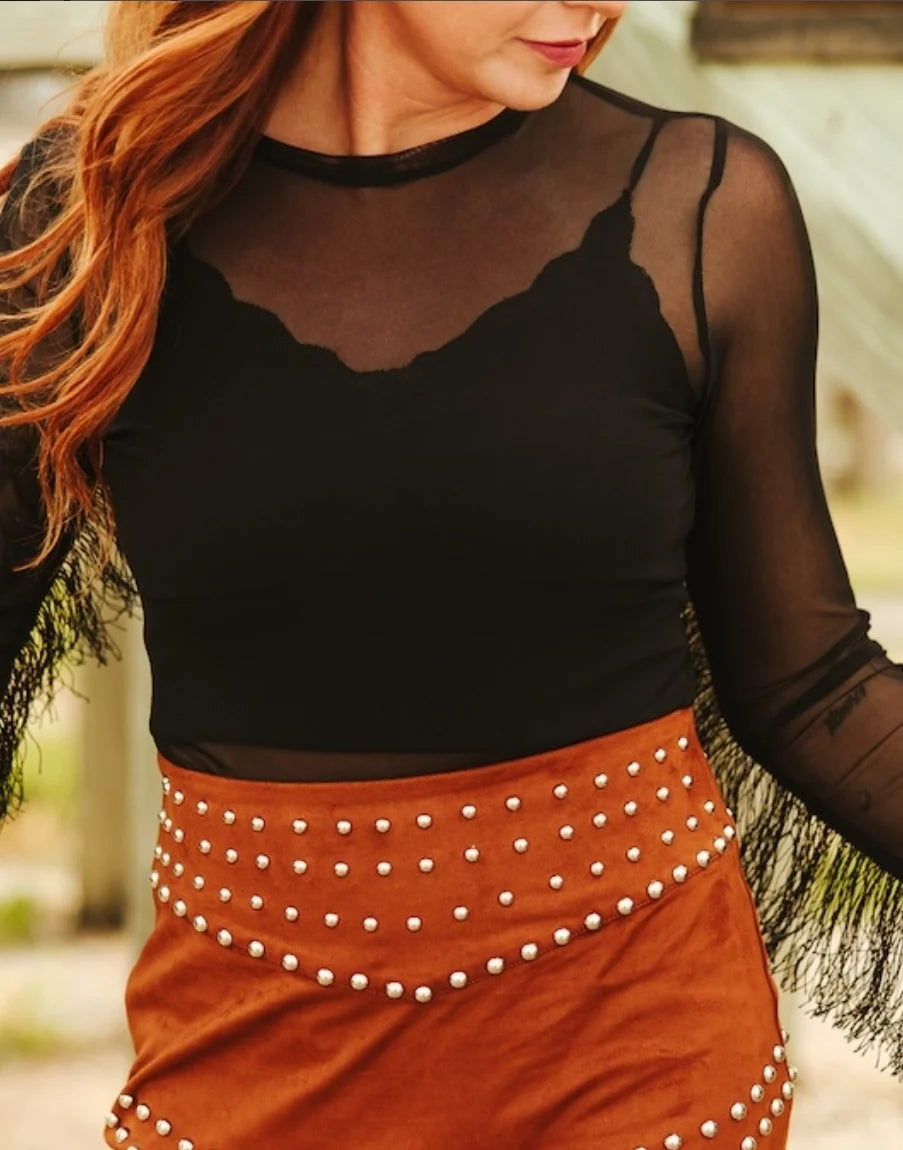 Lucky and Blessed Black Mesh Long Sleeve Fringe Western Bodysuit | Country Clothing - Ladies Shirt | Saddleworld Ipswich