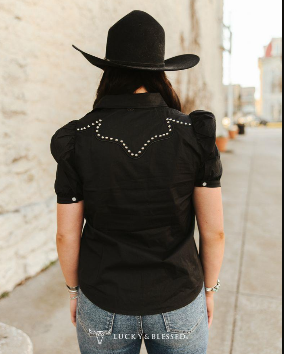 Lucky and Blessed Black Short Puff Sleeve Western Studded Yoke Shirt | Country Clothing - Ladies Shirt | saddleworld Ipswich